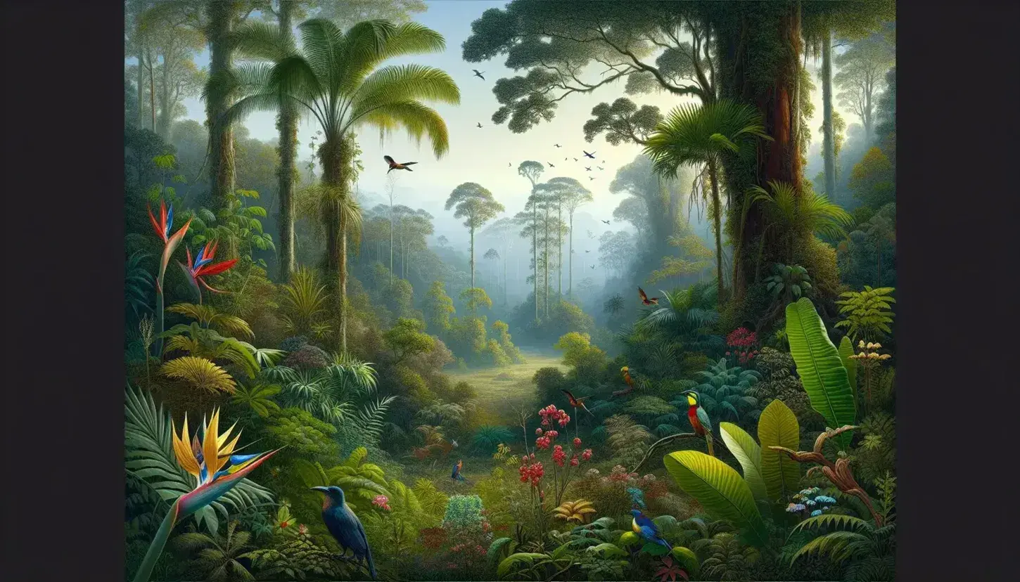 Bosque tropical exuberante con plantas verdes, flores rojas y amarillas, y aves de plumaje azul, verde y amarillo posadas en ramas, con niebla al fondo.