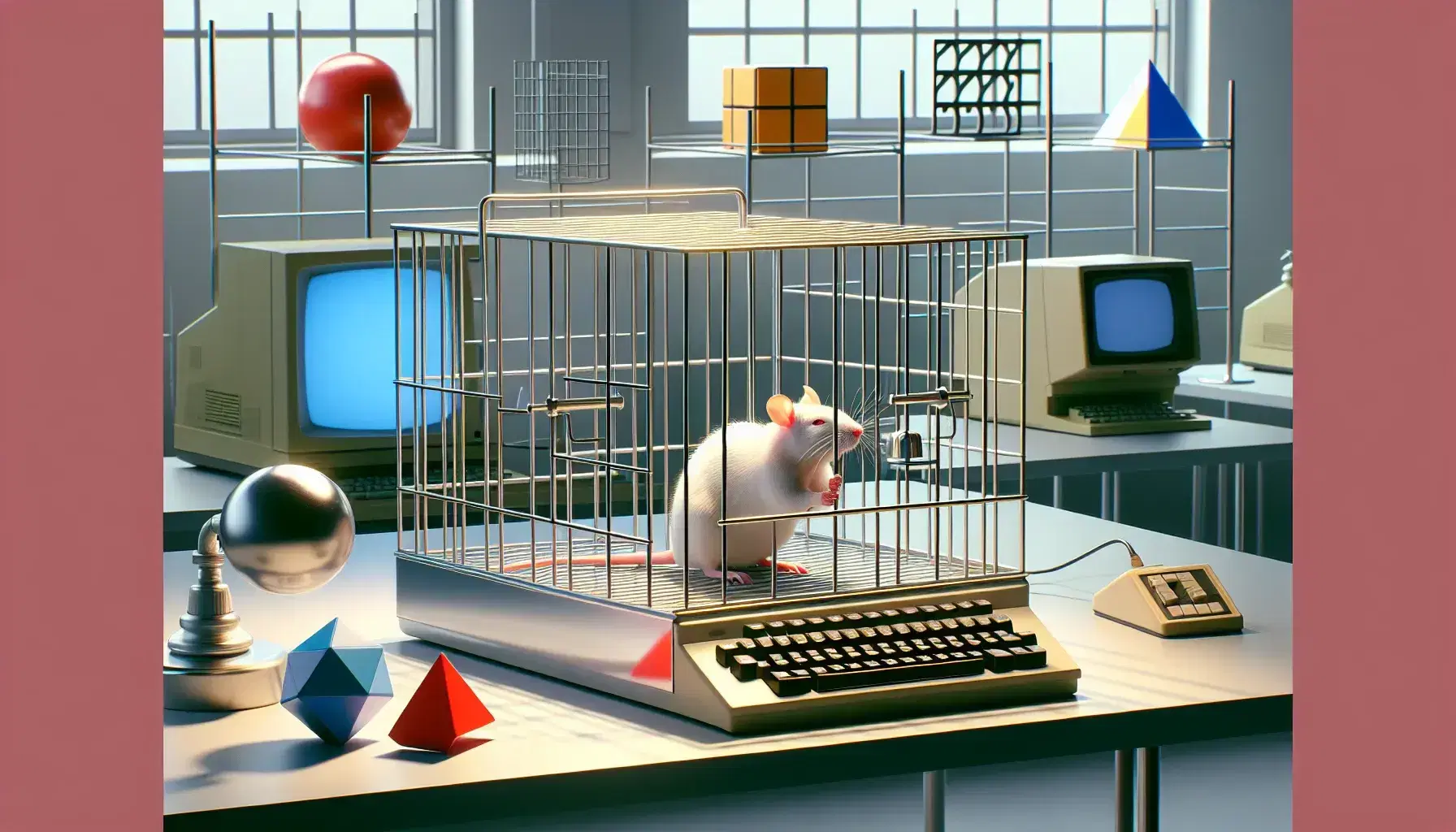 Laboratorio di psicologia con ratto bianco in gabbia, oggetti geometrici per la Gestalt e computer vintage per il Cognitivismo.