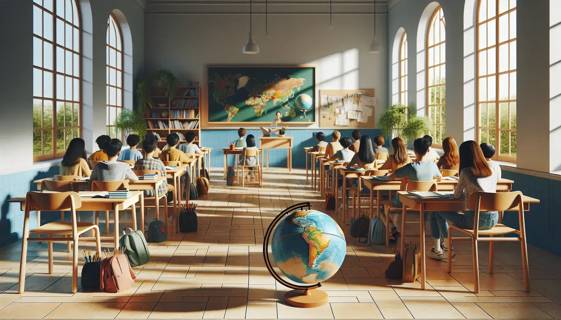 Aula scolastica colorata con banchi a semicerchio, lavagna, finestre luminose, globo terrestre, pianta verde e studenti impegnati.
