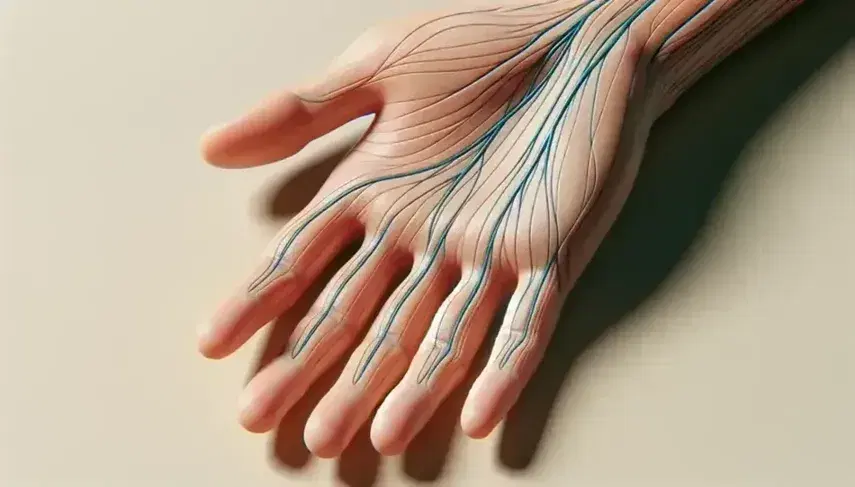 Mano humana con líneas azules que simulan el recorrido de los nervios periféricos, sobre fondo claro sin distracciones.