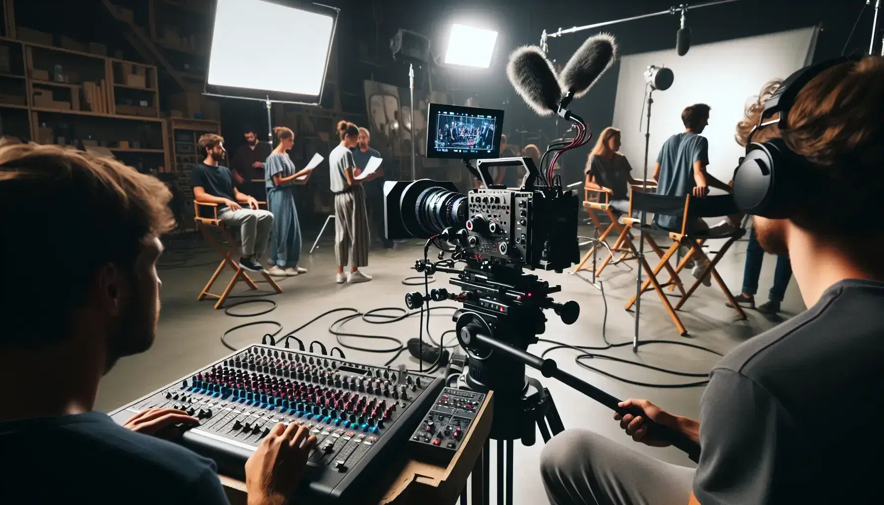 Rodaje de película con cámara de cine profesional en trípode, técnico de sonido con consola y persona con micrófono boom, equipo revisando guion al fondo.