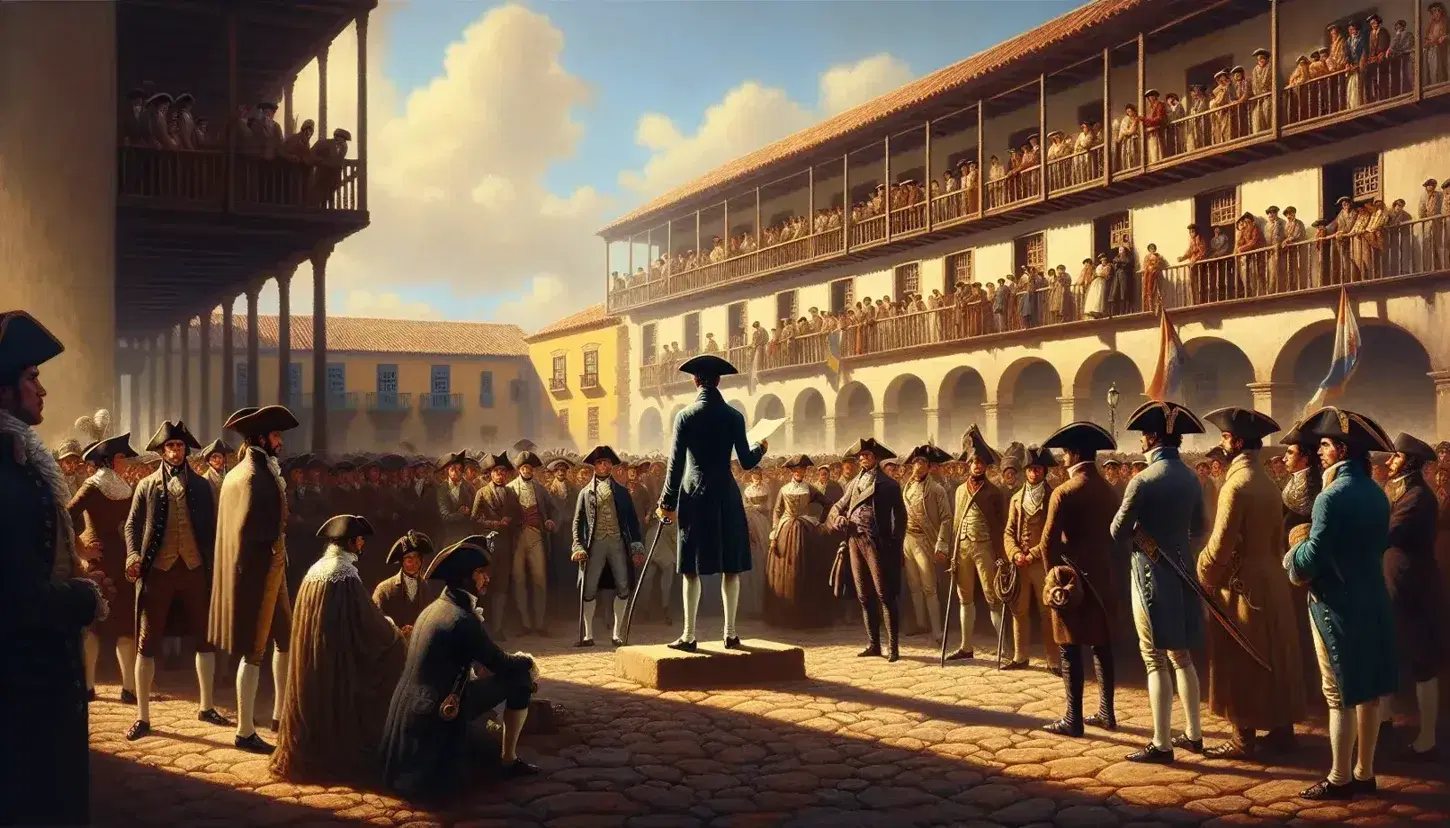 Grupo de personas en vestimenta del siglo XIX en plaza colonial hispanoamericana, con hombre en centro sosteniendo documento y espada, rodeado de militares y edificios coloniales.