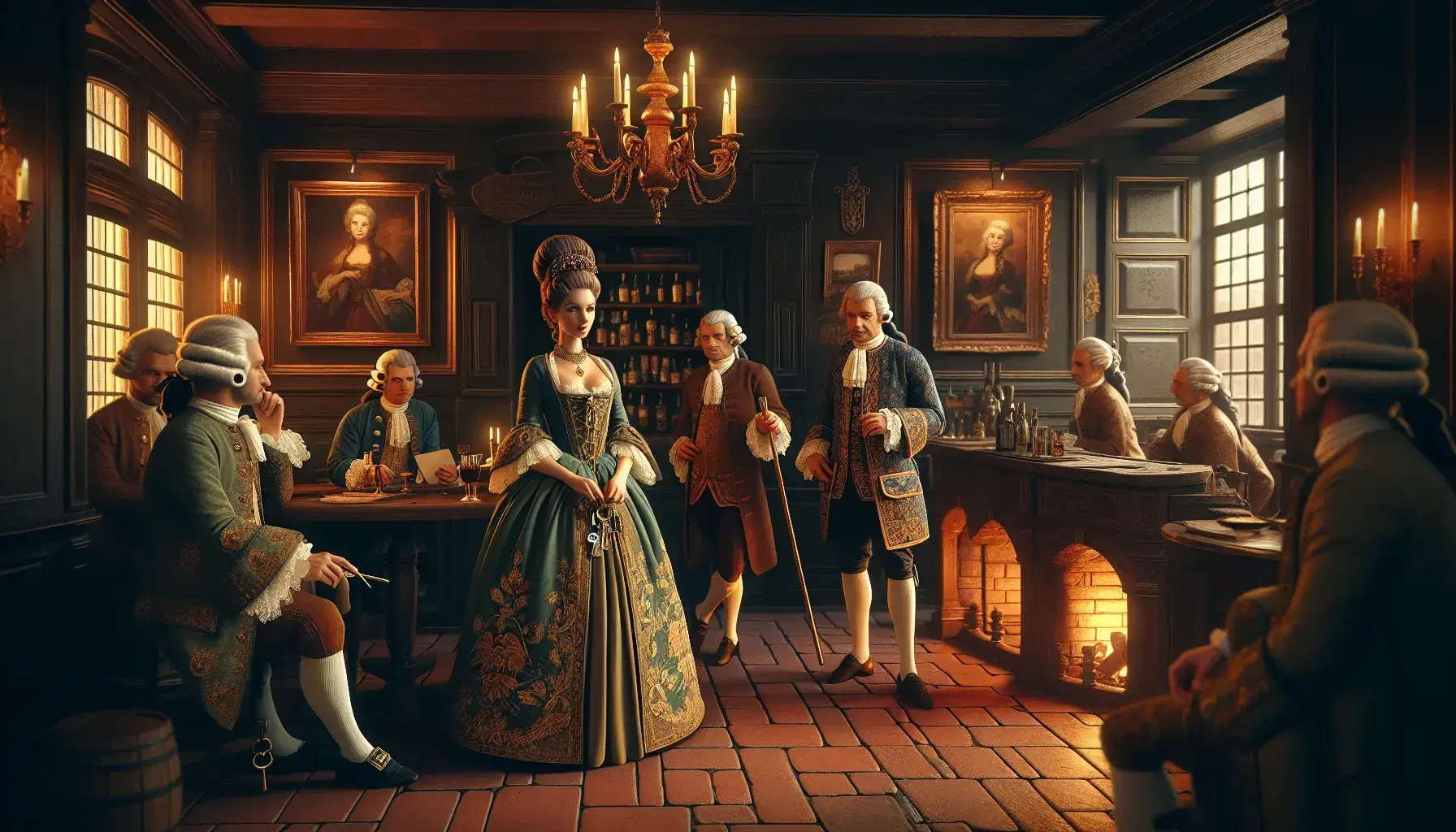Donna gestore di taverna settecentesca con chiavi, circondata da tre uomini in abiti d'epoca, in ambiente caldo con camino acceso e arredi in legno.