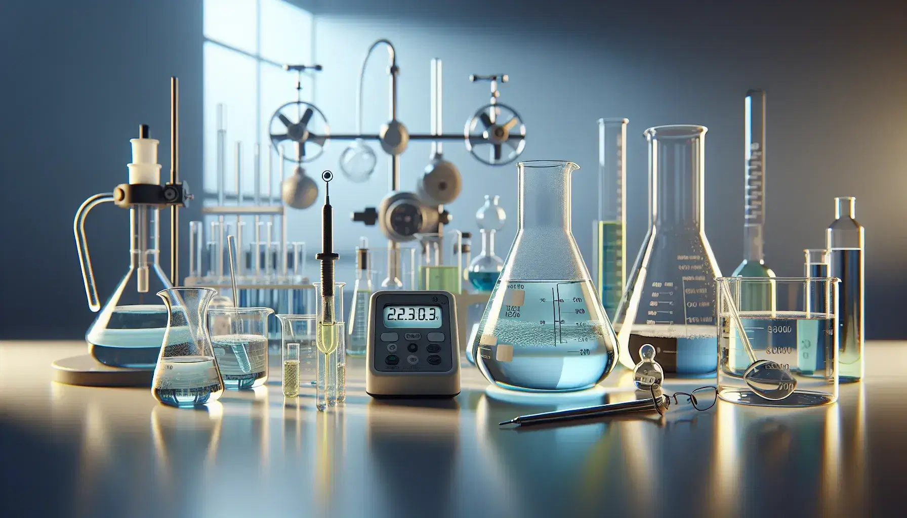 Chemical laboratory with beakers of blue solution, graduated cylinder, flasks with colored liquids, pH meter and safety glasses.