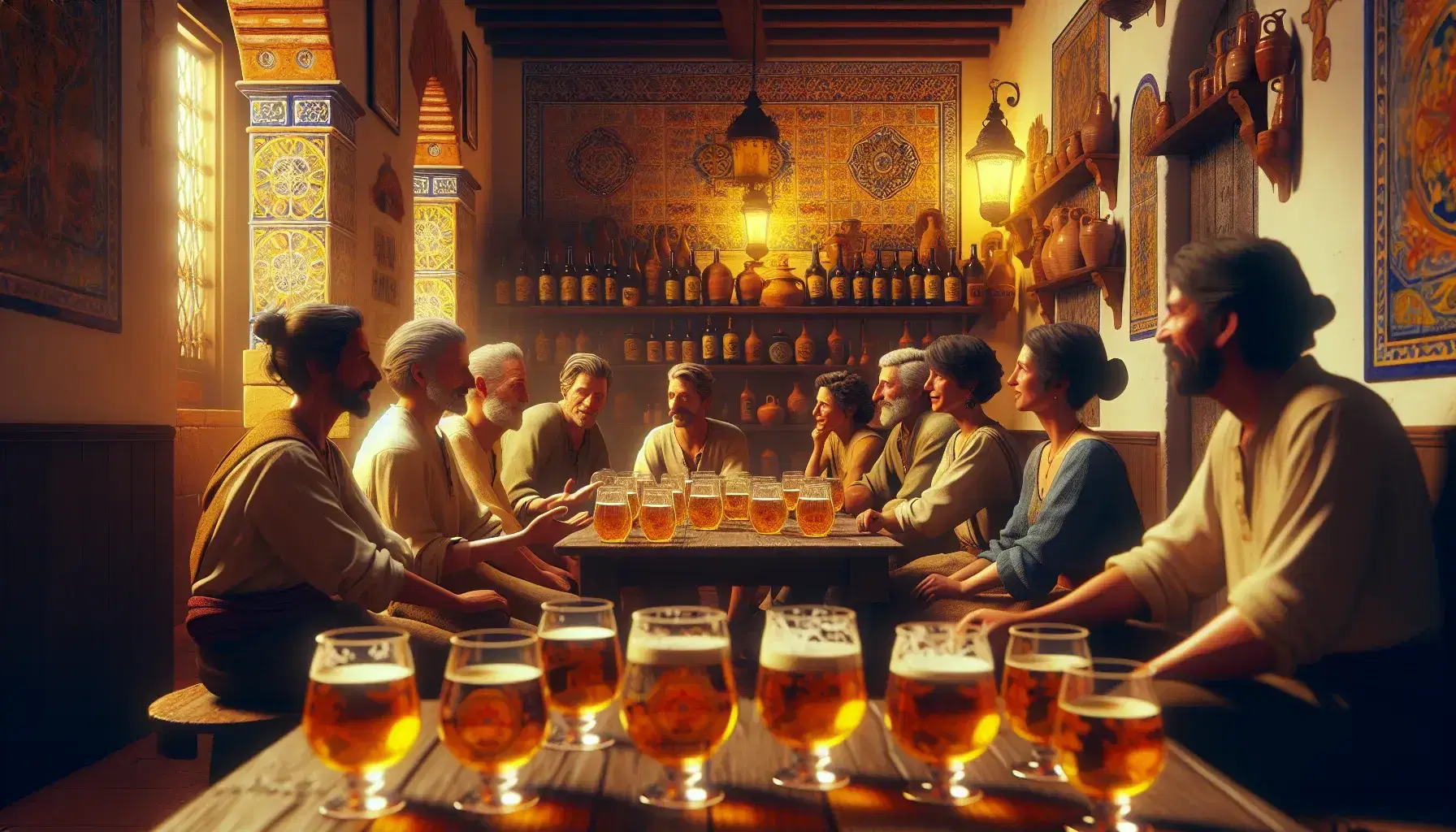Group of diverse people enjoying drinks and conversation around a wooden table in a rustic Spanish tavern with decorative ceramic tiles.