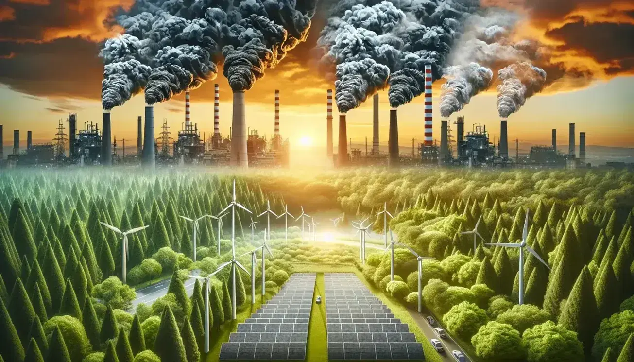 Contrasto tra inquinamento industriale con fumo grigio da ciminiere e area verde con pannelli solari e pale eoliche.