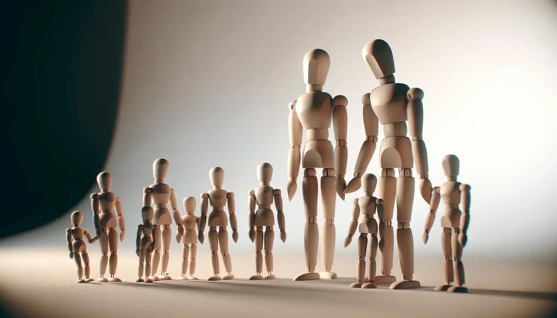 Muñecos de madera articulados en formación familiar con figuras grandes como padres e hijos menores, en fondo neutro.