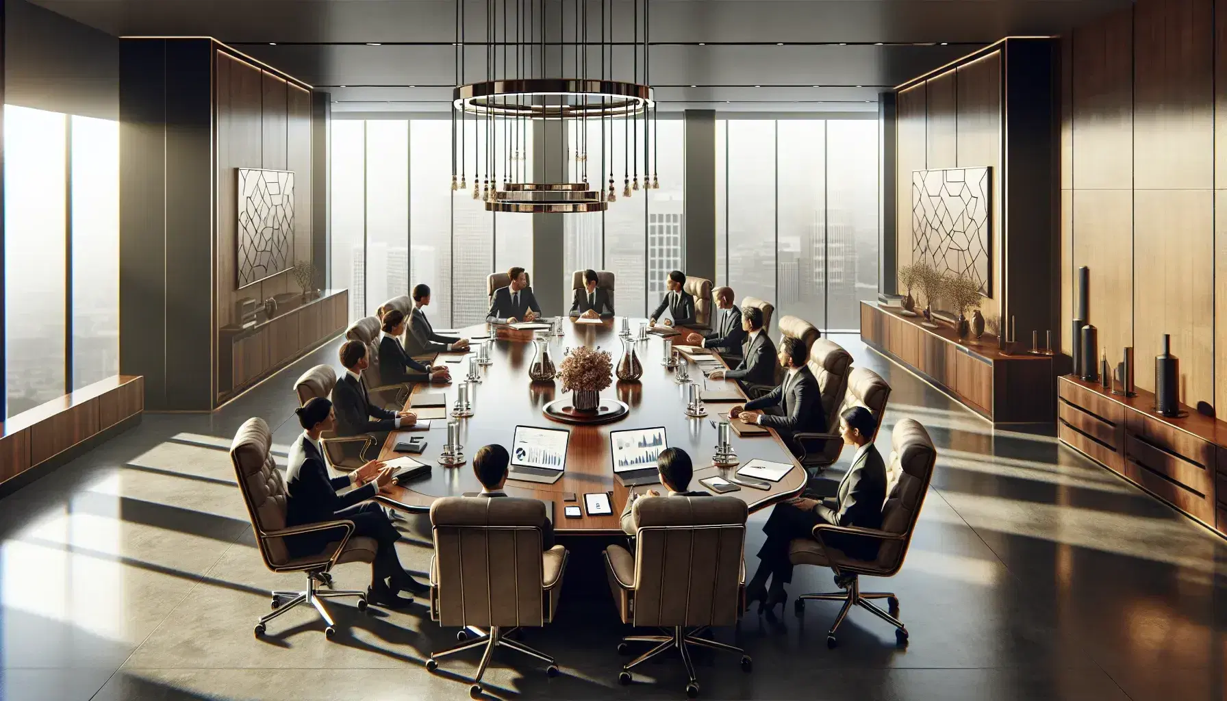 Corporate boardroom with a large oval table, business professionals in discussion, laptops with charts, and a cityscape view through the window.
