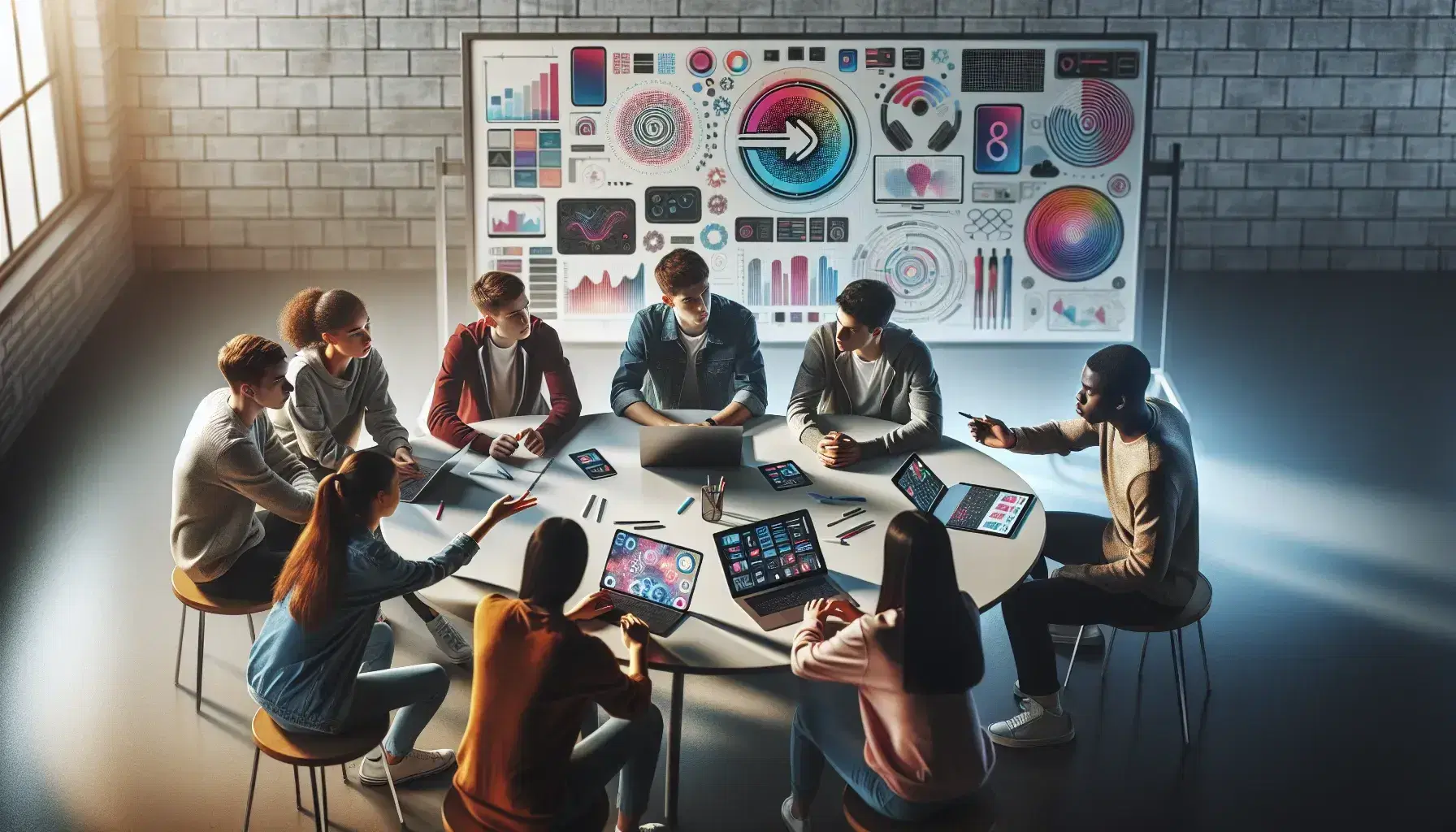Estudiantes diversos colaborando en proyecto con laptop, tablet y smartphone sobre mesa redonda en ambiente iluminado.