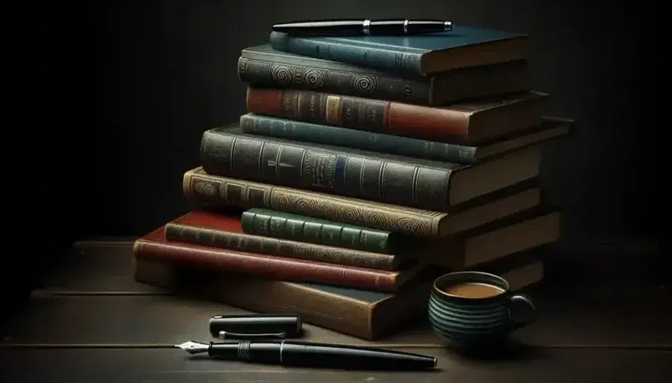 Libri antichi impilati su tavolo scuro con penna stilografica nera, tazza di bevanda calda e luce naturale sfumata.