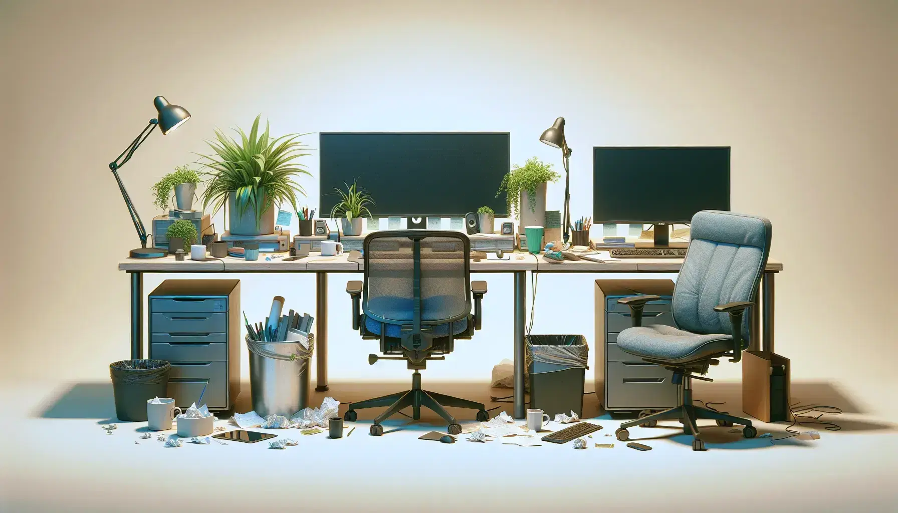 Three distinct office workstations showing varying levels of tidiness, from clean and modern to cluttered and disorganized, with ergonomic to worn-out chairs.