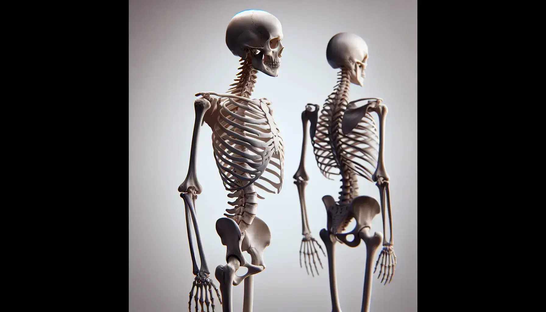 Scheletro umano completo in vista laterale sinistra con dettaglio di ossa delle spalle, braccia, bacino e gambe su sfondo neutro.
