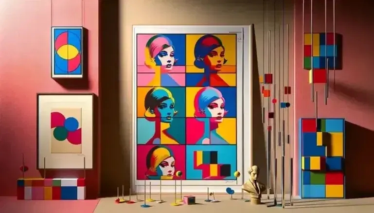Composizione artistica in stile Pop Art con quadro di volto femminile colorato, scultura geometrica sospesa e tela monocromatica blu, su sfondo neutro.