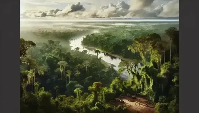 Vista panorámica de la selva amazónica en Perú con un río serpenteante, copas de árboles verdes y figuras humanas diminutas a la orilla.