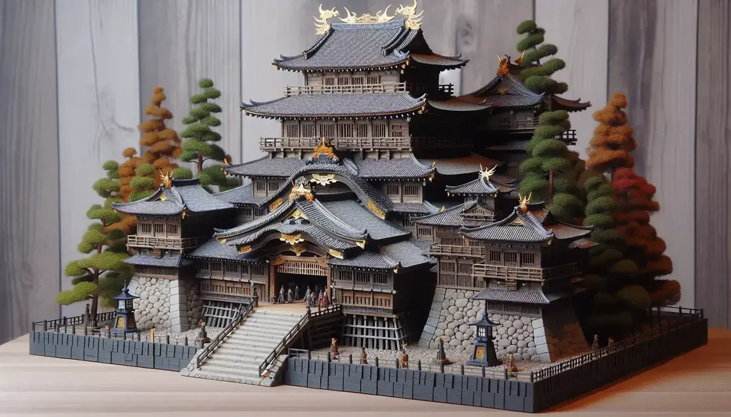 Detailed model of a Japanese feudal castle with multi-tiered roofs, golden shachihoko, samurai figures, and a serene, blue sky backdrop.