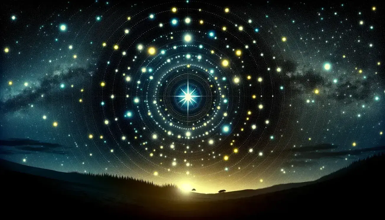 Cielo notturno stellato con Stella Polare brillante al centro, tracce circolari di stelle e silhouette di alberi e colline.