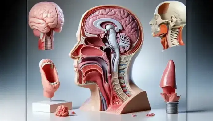 Modelo anatómico 3D seccionado del aparato vocal humano mostrando cavidad oral, faringe, laringe y cuerdas vocales con colores realistas.