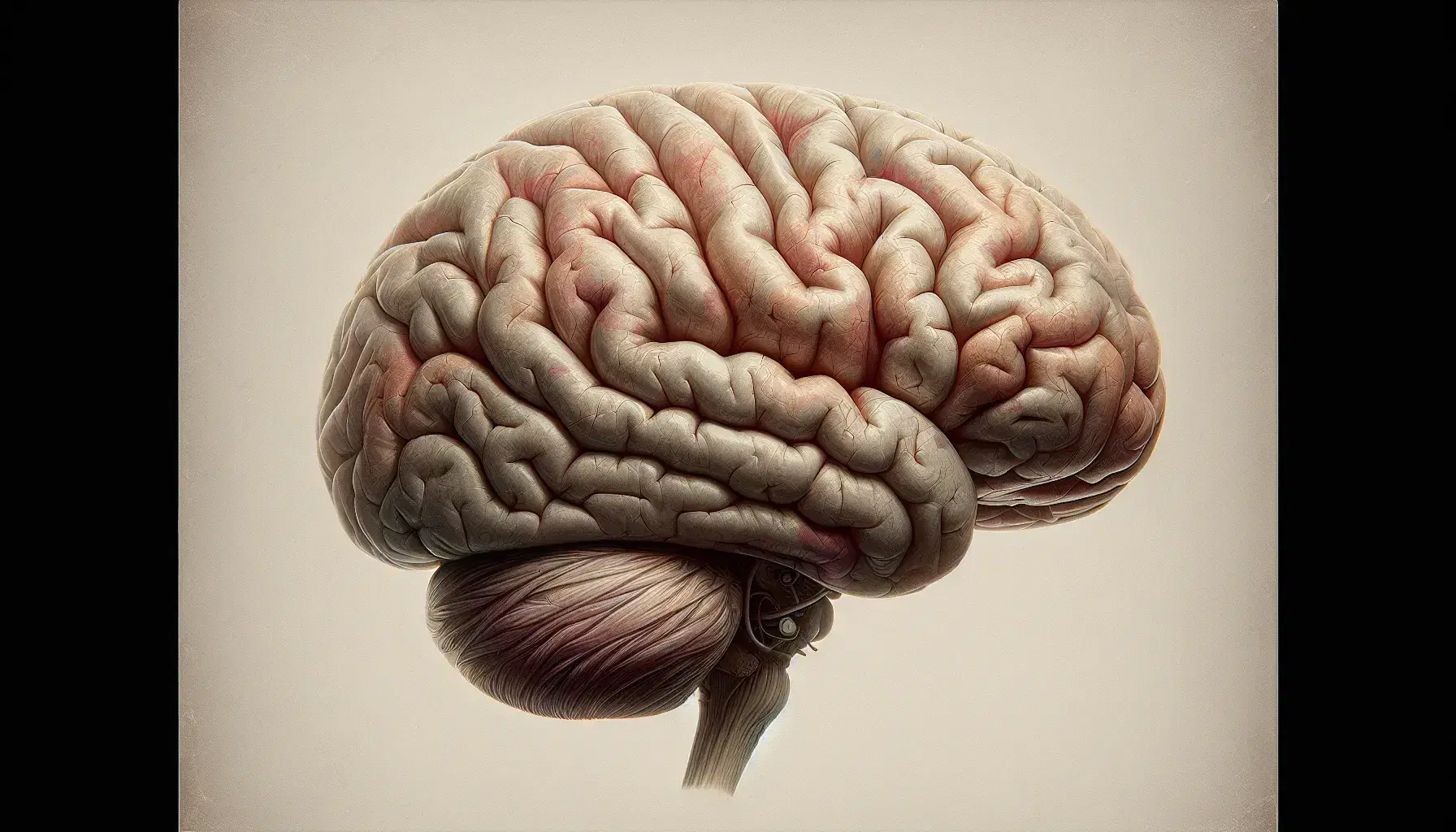 Lateral human brain with highlighted cerebral cortex, pink and gray tones, detailed sulci and gyri, on neutral background.