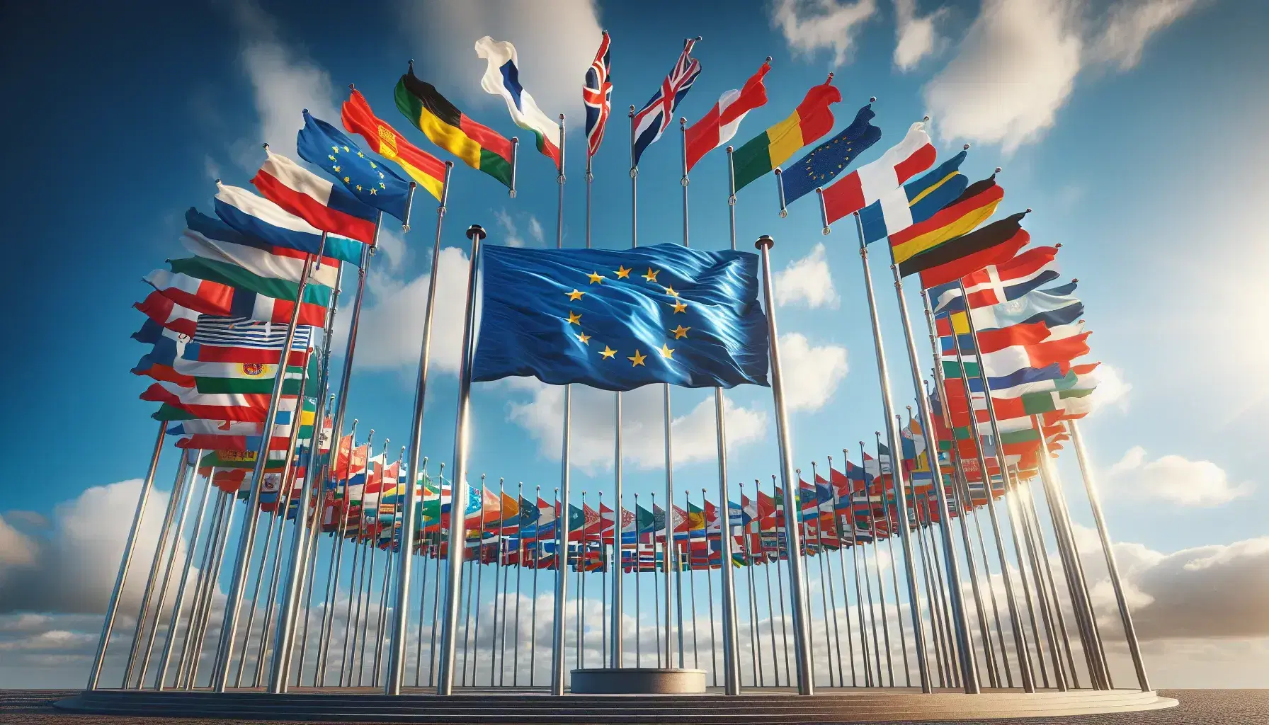 Bandiere nazionali dell'Unione Europea ondeggianti in cerchio attorno alla bandiera UE con stelle dorate su sfondo blu, sotto un cielo sereno.