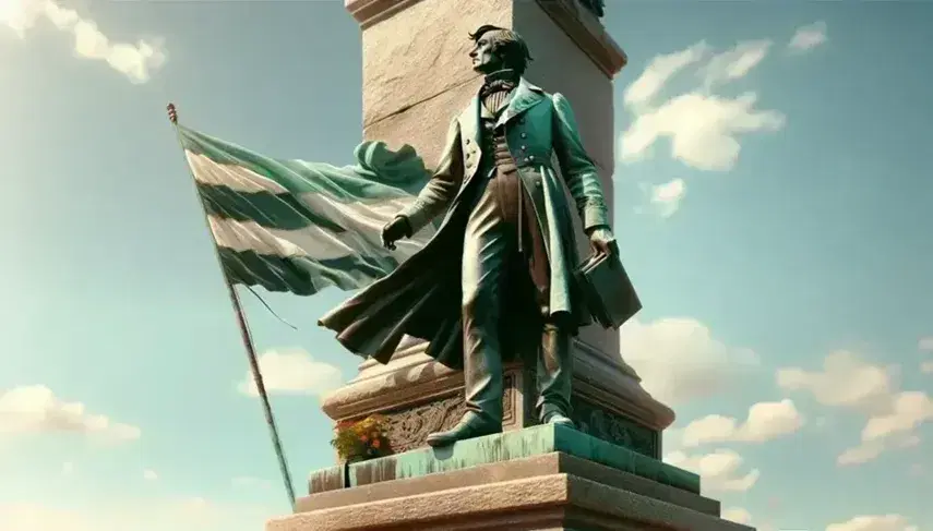 Estatua de bronce de hombre del siglo XIX con sombrero y libro, sobre pedestal de piedra, flanqueada por banderas tricolores y rodeada de flores coloridas bajo cielo azul.