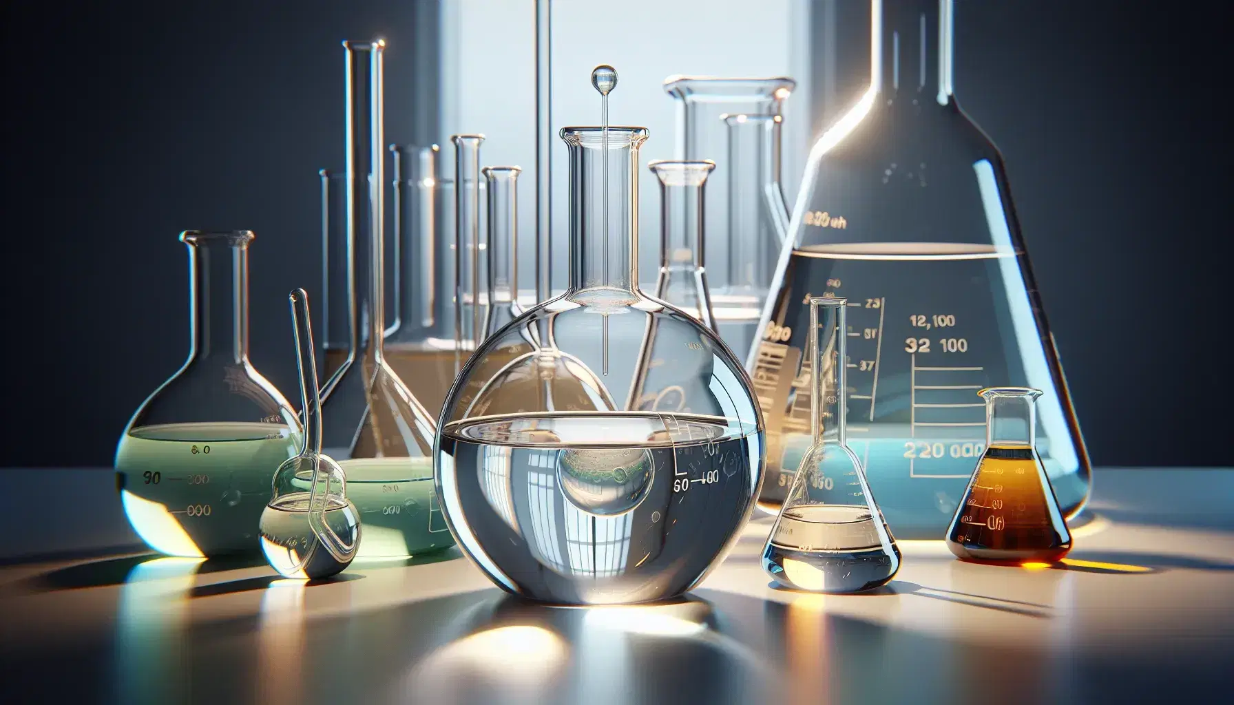 Organic chemistry laboratory glassware with colored liquids, including flasks, beakers and test tubes, on a white workbench.