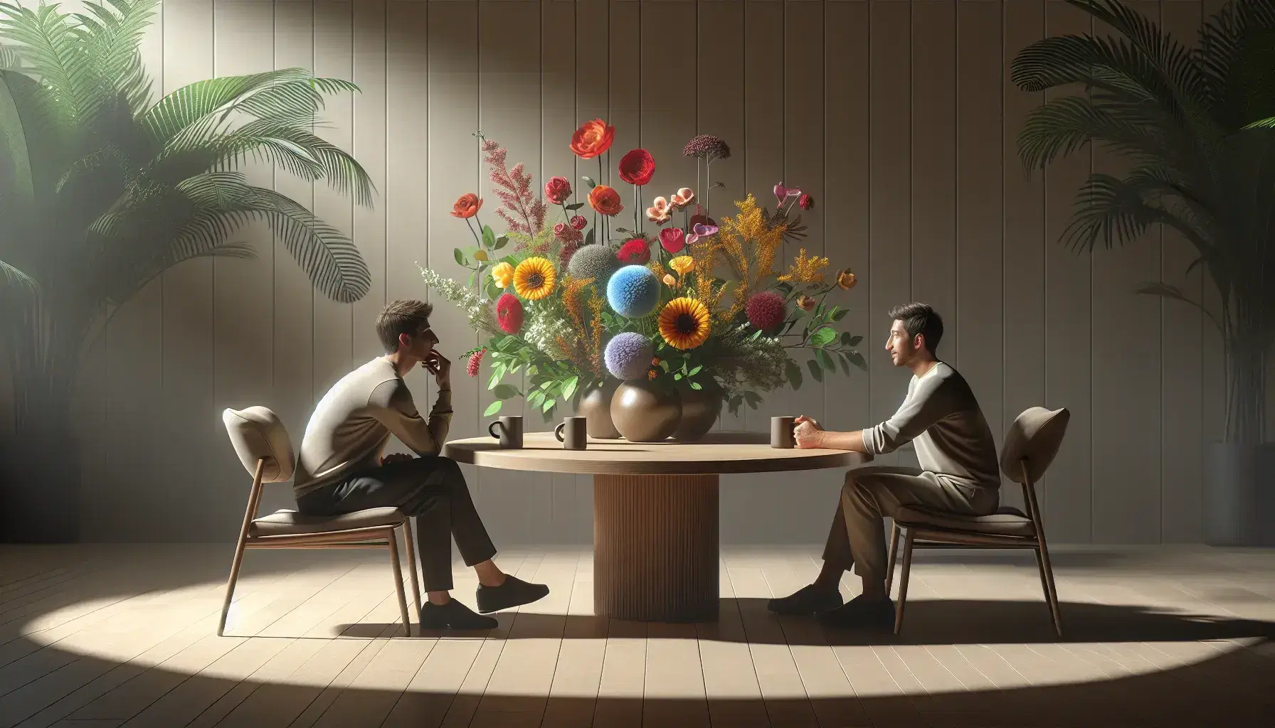 Dos personas conversando sentadas en una mesa redonda con tazas de café y un jarrón de flores coloridas en un ambiente sereno e iluminado.