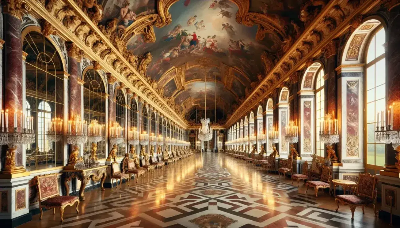 Corridoio della Galleria degli Specchi a Versailles con soffitto affrescato, specchi dorati, candelabri e pavimento in marmo.
