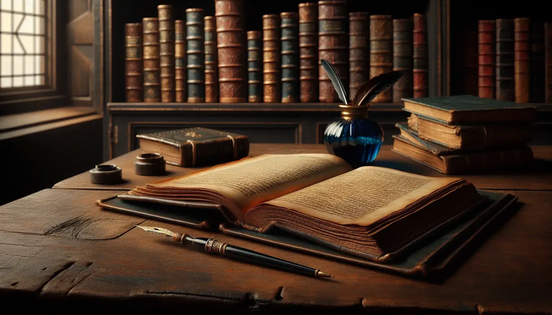 Libro antico aperto su scrivania in legno scuro con penna d'oca e calamaio blu cobalto, sfondo sfocato di libreria con volumi rilegati.