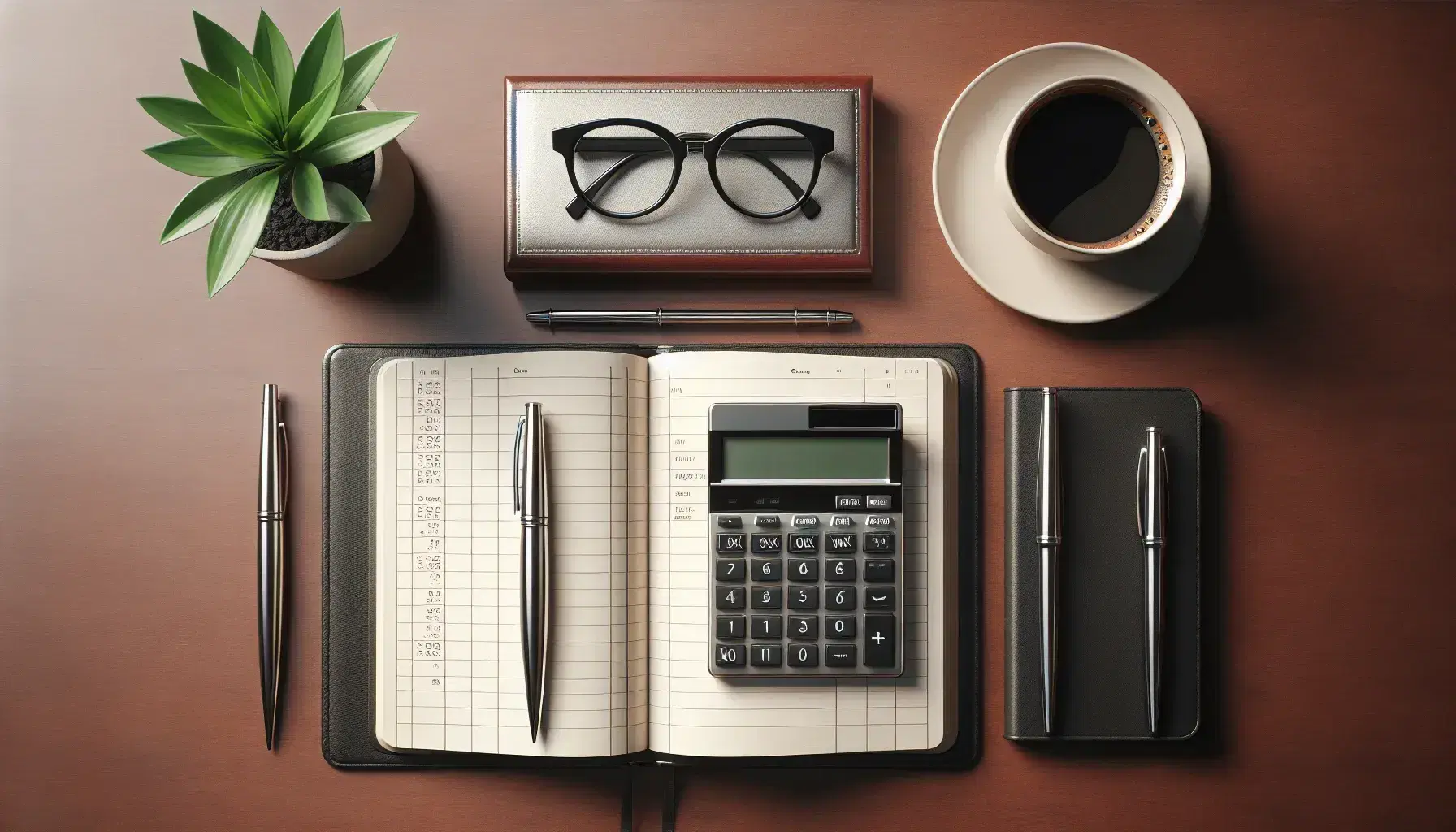 Organized office desk with calculator, eyeglasses, open ledger book, metallic pen, potted plant, and a cup of coffee on a mahogany surface.