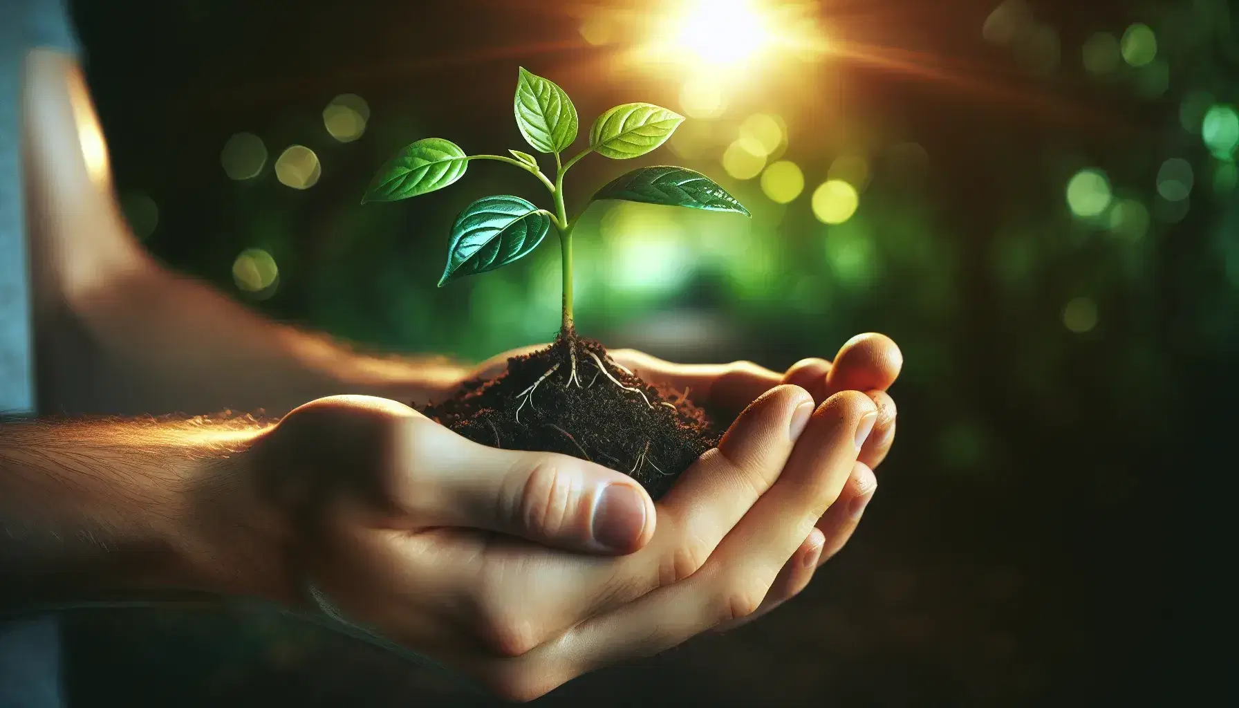 Mano sosteniendo delicadamente una planta joven con hojas verdes y tierra húmeda, simbolizando cuidado y crecimiento en un fondo natural desenfocado.
