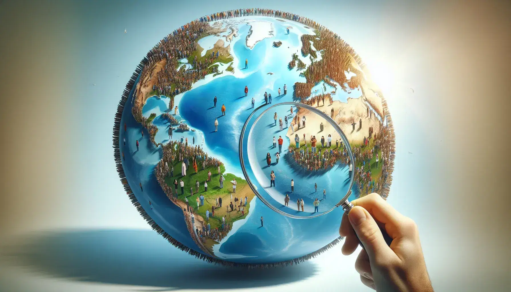 Diverse group of people scattered across a detailed globe with hands holding a magnifying glass over it, highlighting individuals and terrain.