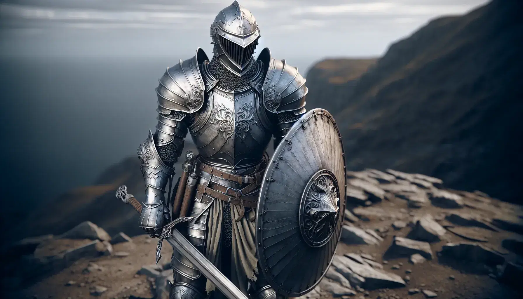 Caballero en armadura medieval plateada con escudo redondo y espada larga, de pie en terreno rocoso bajo un cielo despejado.