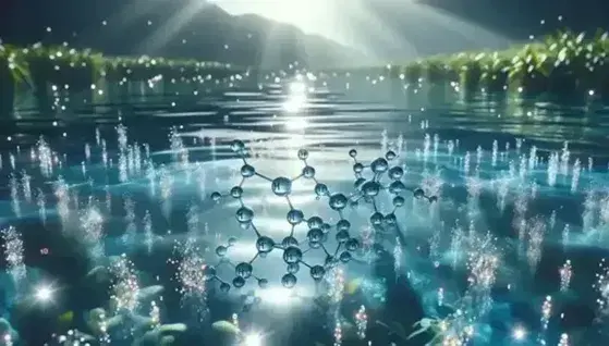 Reflejo del sol en la superficie tranquila de un lago con moléculas de agua en primer plano y vegetación en el fondo.