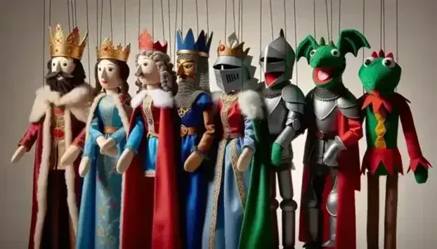 Conjunto de títeres de mano representando personajes medievales: rey con corona dorada, reina con tiara plateada, caballero armado, dragón verde y bufón colorido.