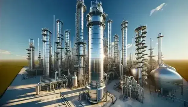 Columnas de destilación industriales bajo cielo azul, con estructuras metálicas reflejando la luz solar, válvulas y tuberías conectadas, y escaleras con barandillas de seguridad.