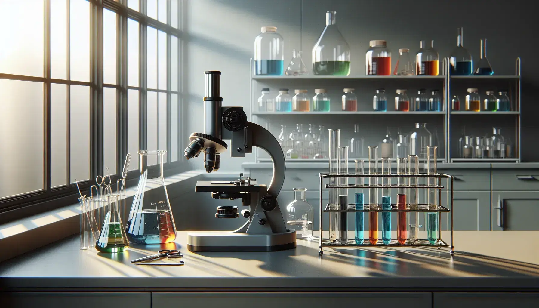 Laboratorio científico iluminado con microscopio metálico y tubos de ensayo con líquidos de colores en un soporte, junto a una probeta y materiales de laboratorio en estantería.