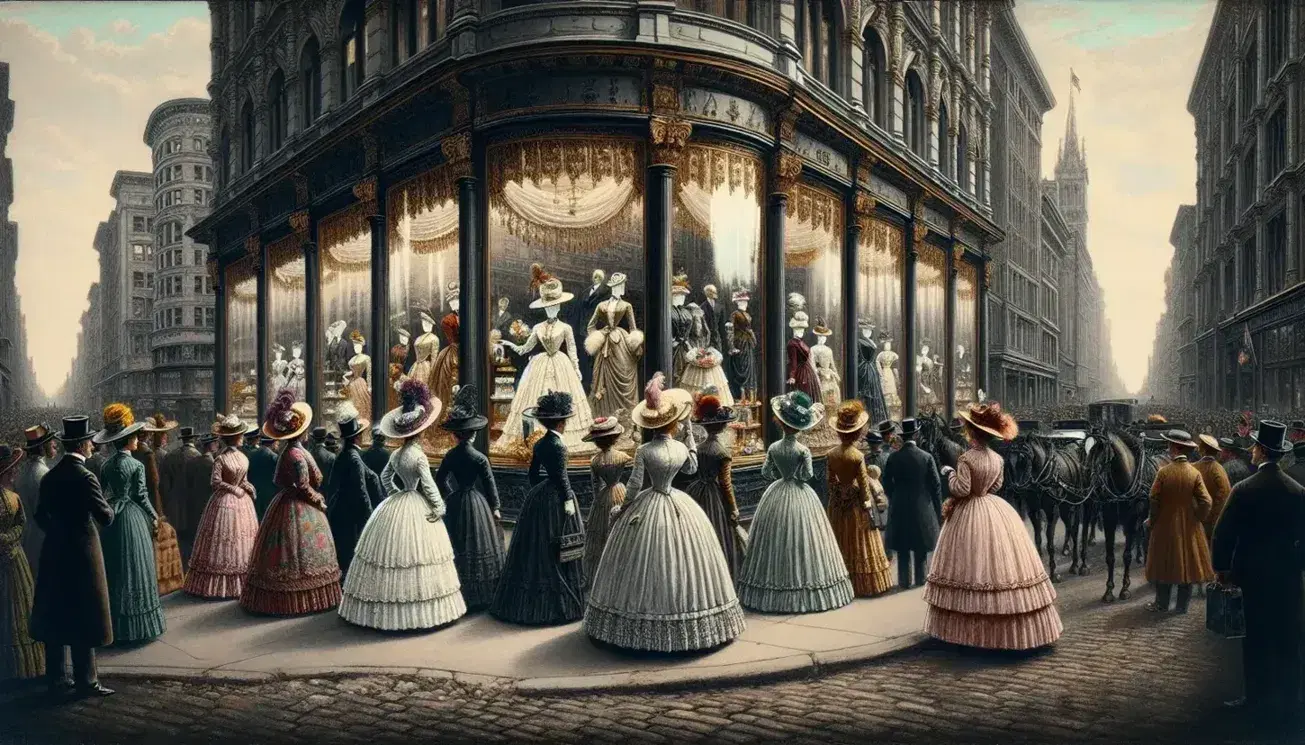 Late 19th-century Gilded Age city scene with elegantly dressed women admiring department store window displays, horse-drawn carriages, and a lively park.