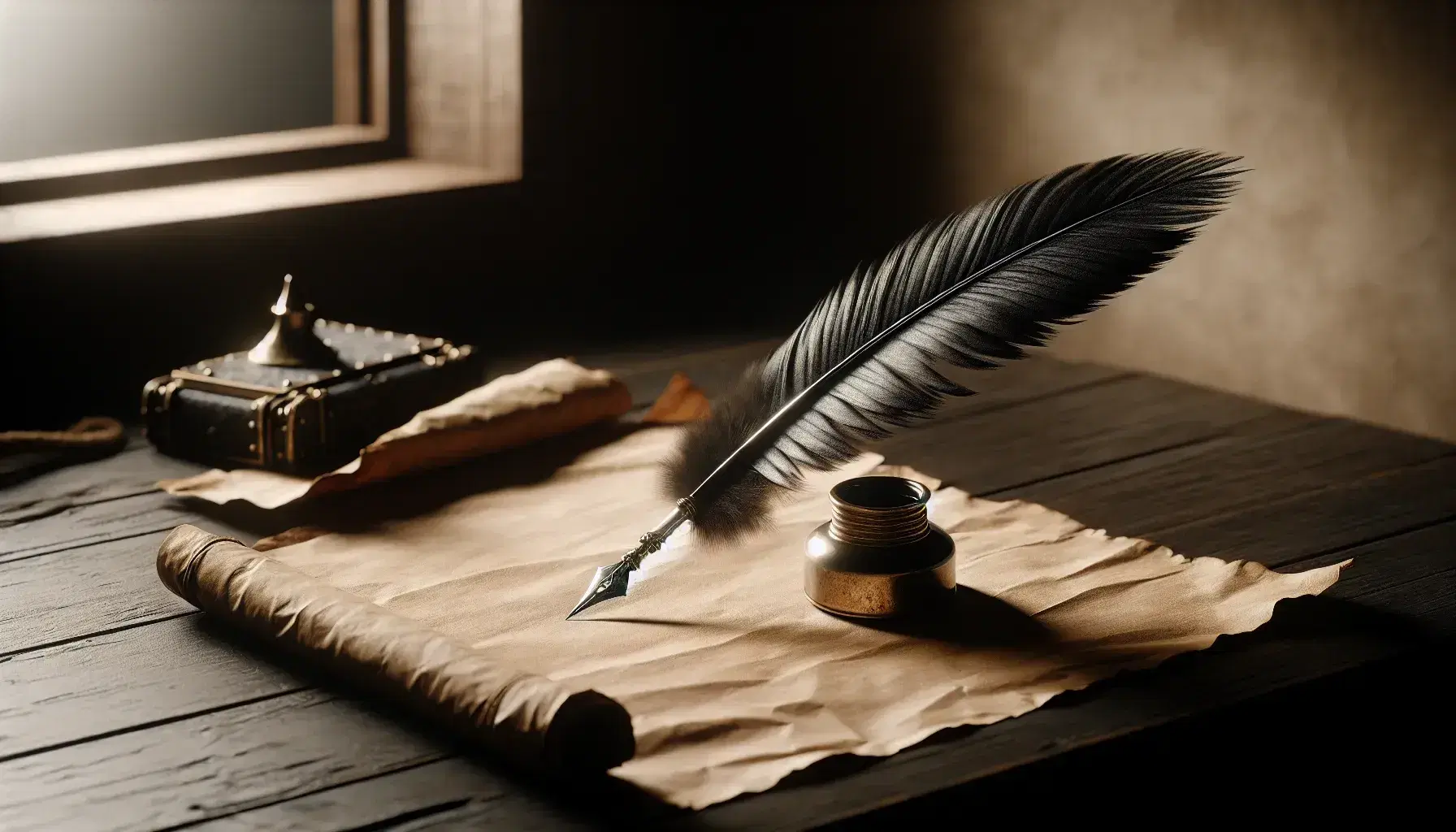 Quill pen on aged parchment with curled edges on a dark wood desk beside a brass inkwell, in a softly lit room with wooden panels.