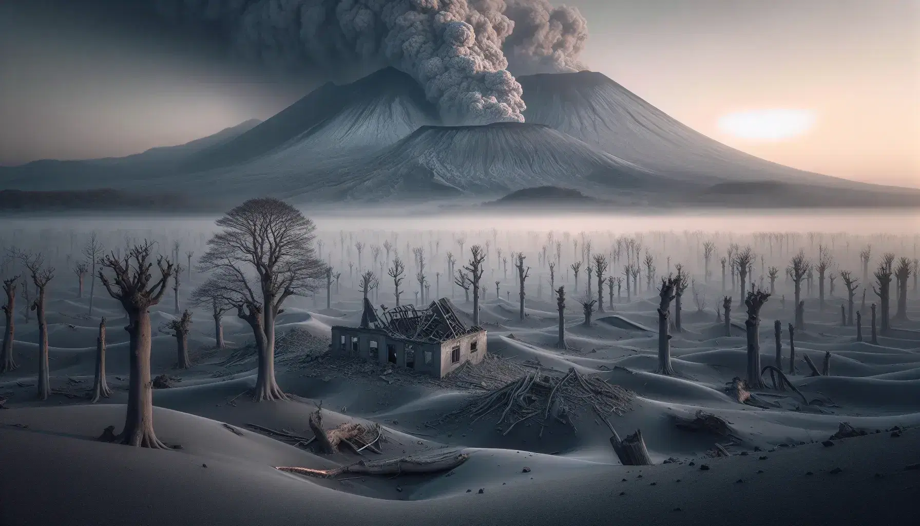 Post-volcanic eruption landscape with gray ash on the ground, bare trees, damaged building and stratovolcano with smoke column.