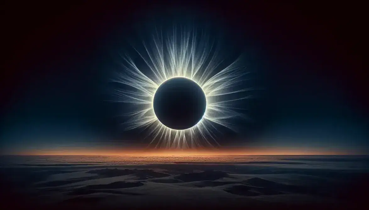 Total solar eclipse with dark silhouette of the moon covering the sun and bright solar corona visible on blue gradient sky background.