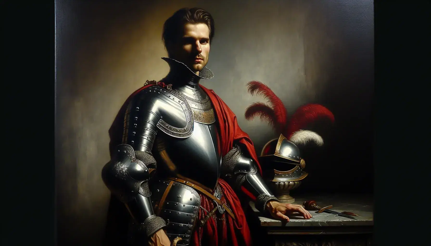 Retrato al óleo de hombre renacentista con armadura y capa roja, de pie junto a columna de mármol y casco con plumas.