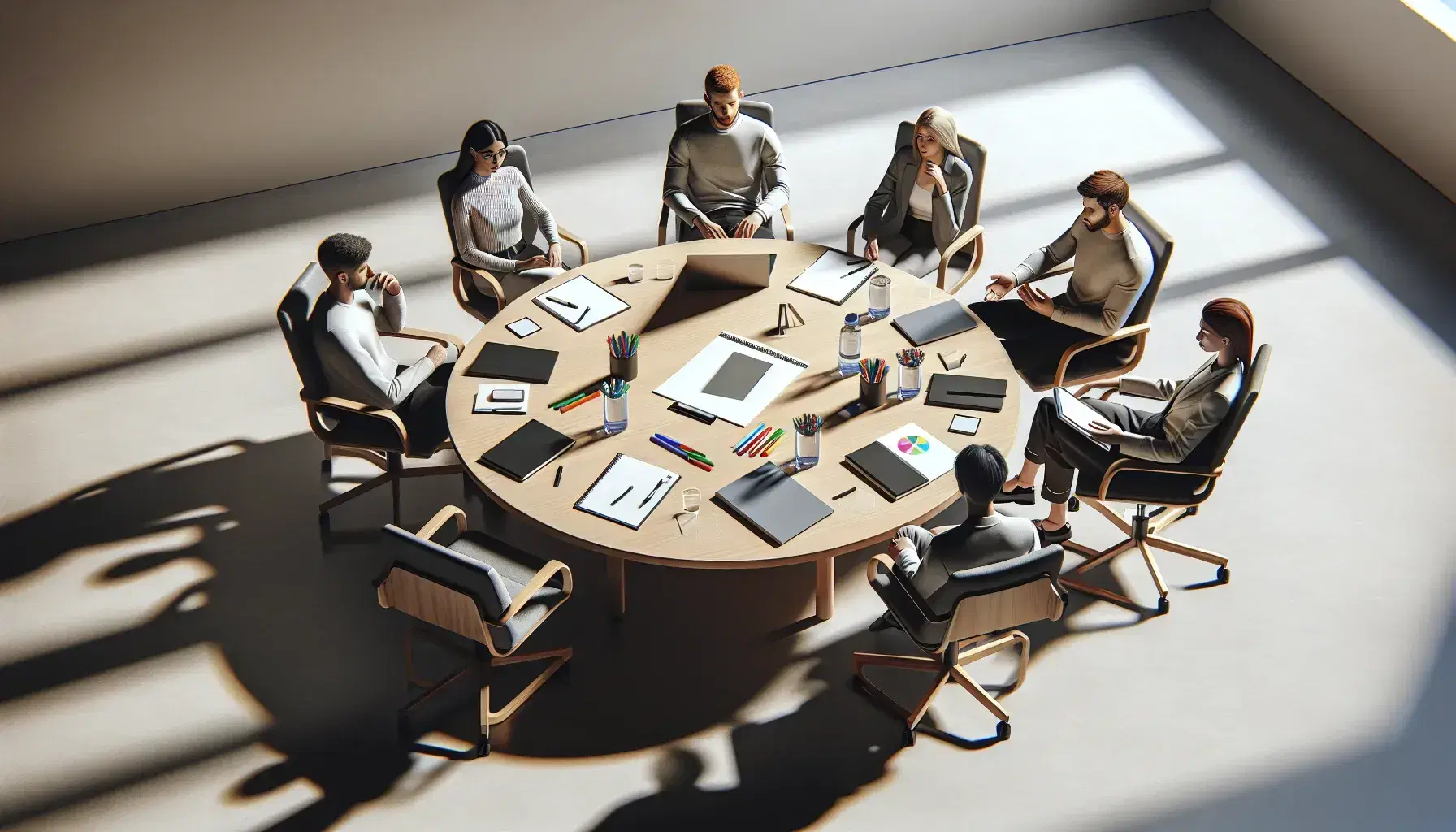 Five diverse individuals collaborate around a wooden table with laptops, markers, a whiteboard, and water bottles, in a well-lit room.