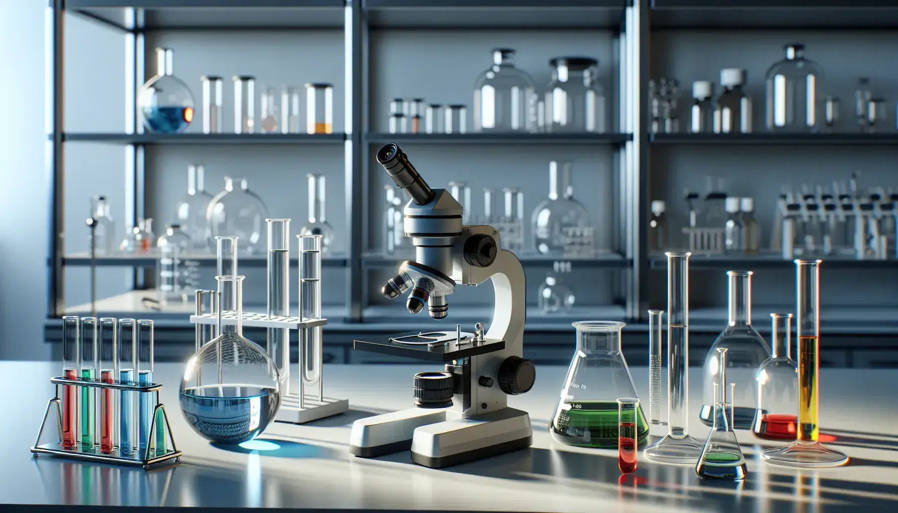 Laboratorio de investigación con microscopio y probetas con líquidos de colores en mesa blanca, frascos en estante al fondo.