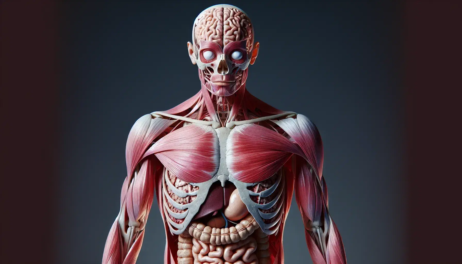 Rappresentazione anatomica trasparente del corpo umano in vista frontale che mostra muscoli, ossa, cervello, polmoni, cuore e organi addominali.