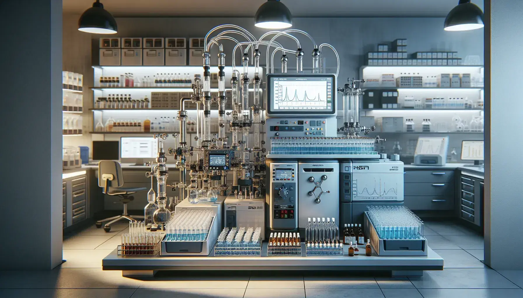 Laboratorio scientifico moderno con cromatografo liquido ad alte prestazioni, provette colorate e computer con grafici.