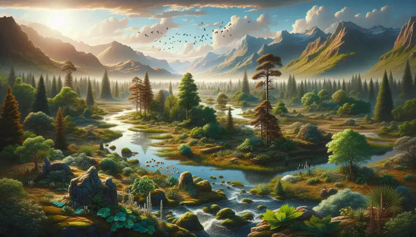 Paisaje natural con árboles de troncos marrones, follaje verde, río serpenteante, montañas al fondo y aves volando en un cielo azul con nubes.