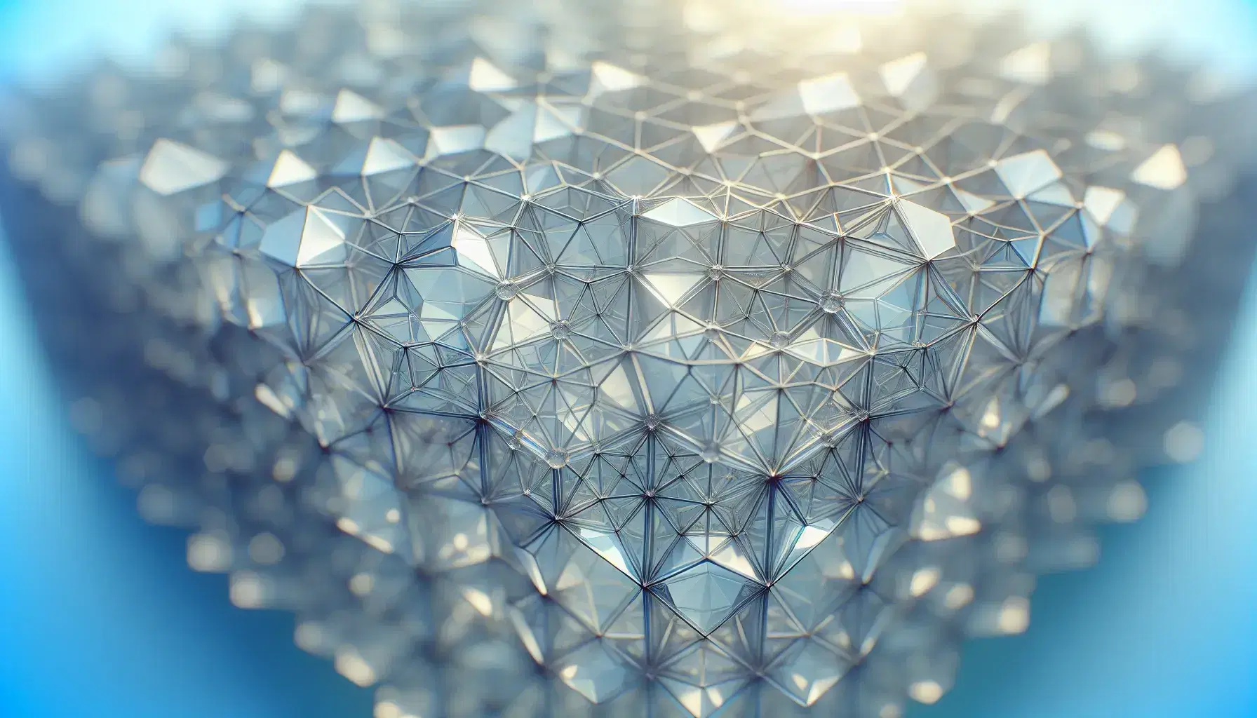 Geometric crystalline structure with translucent, faceted white crystals reflecting light on a light blue to white gradient background.