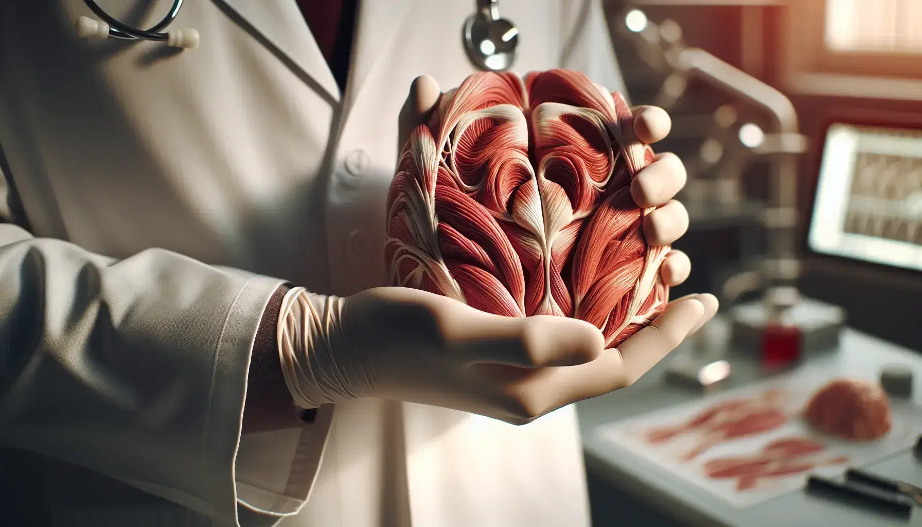 Manos con guantes de látex sostienen modelo anatómico de fibra muscular humana en entorno clínico, destacando texturas y tonalidades rojas del tejido.