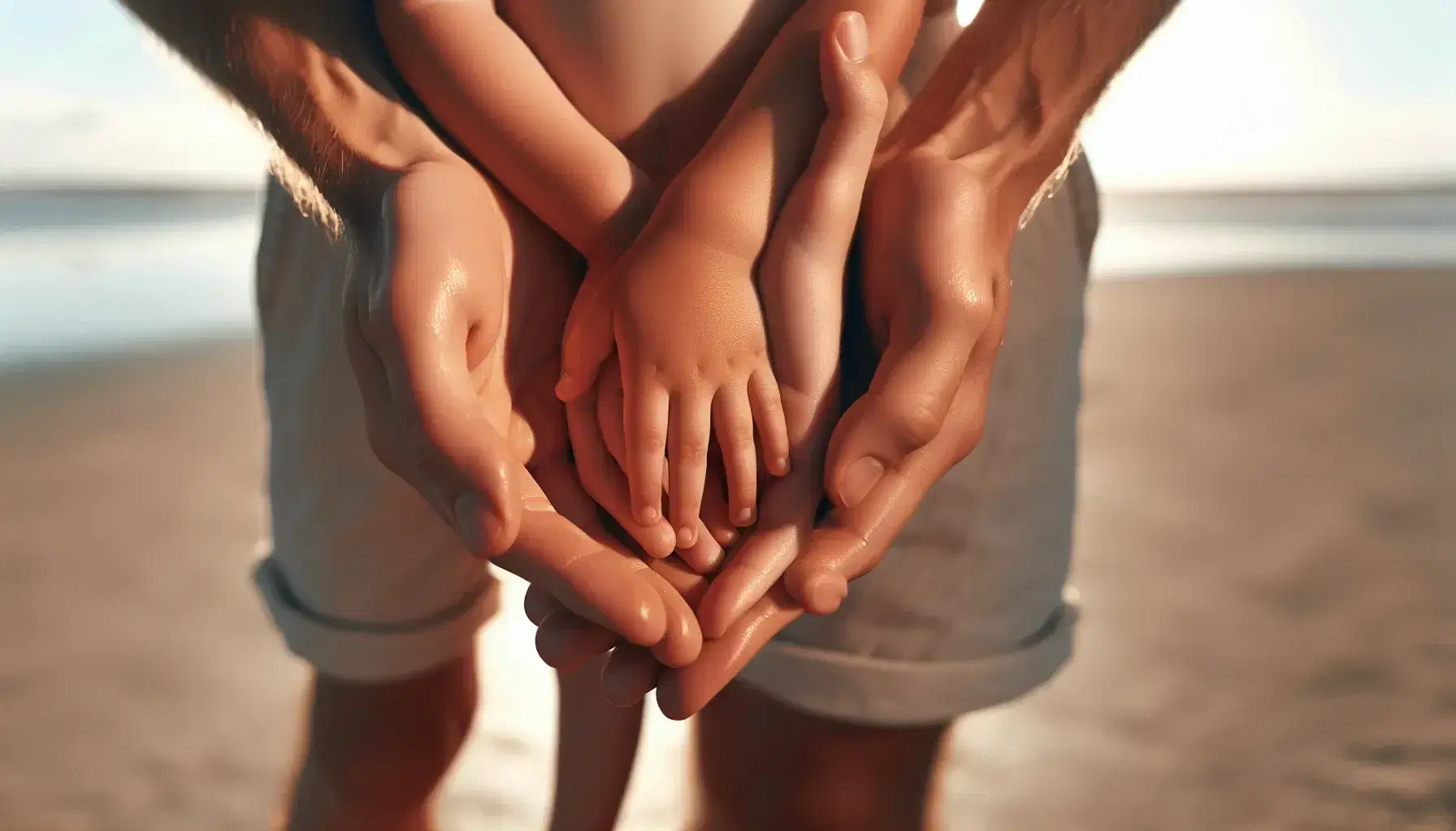 Manos adultas de piel clara sosteniendo con cuidado las manos más pequeñas y oscuras de un niño, en un fondo suave y desenfocado que sugiere tranquilidad y conexión humana.