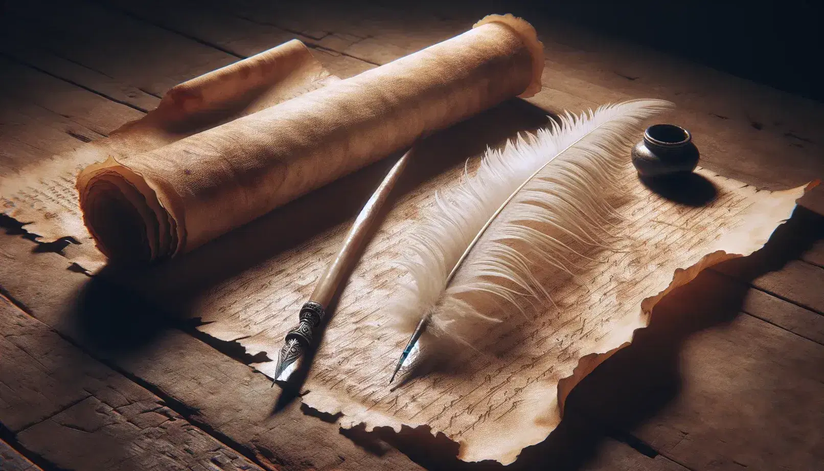 Ancient beige parchment scroll on a wooden table with a white and brown feather quill and an empty polished wood inkwell, against a stone wall backdrop.
